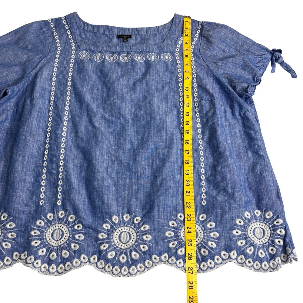 Talbots Blouse Womens 2X Blue Linen Cotton Eyelet Scallop Hem Tie Sleeve Coastal - Picture 9 of 12